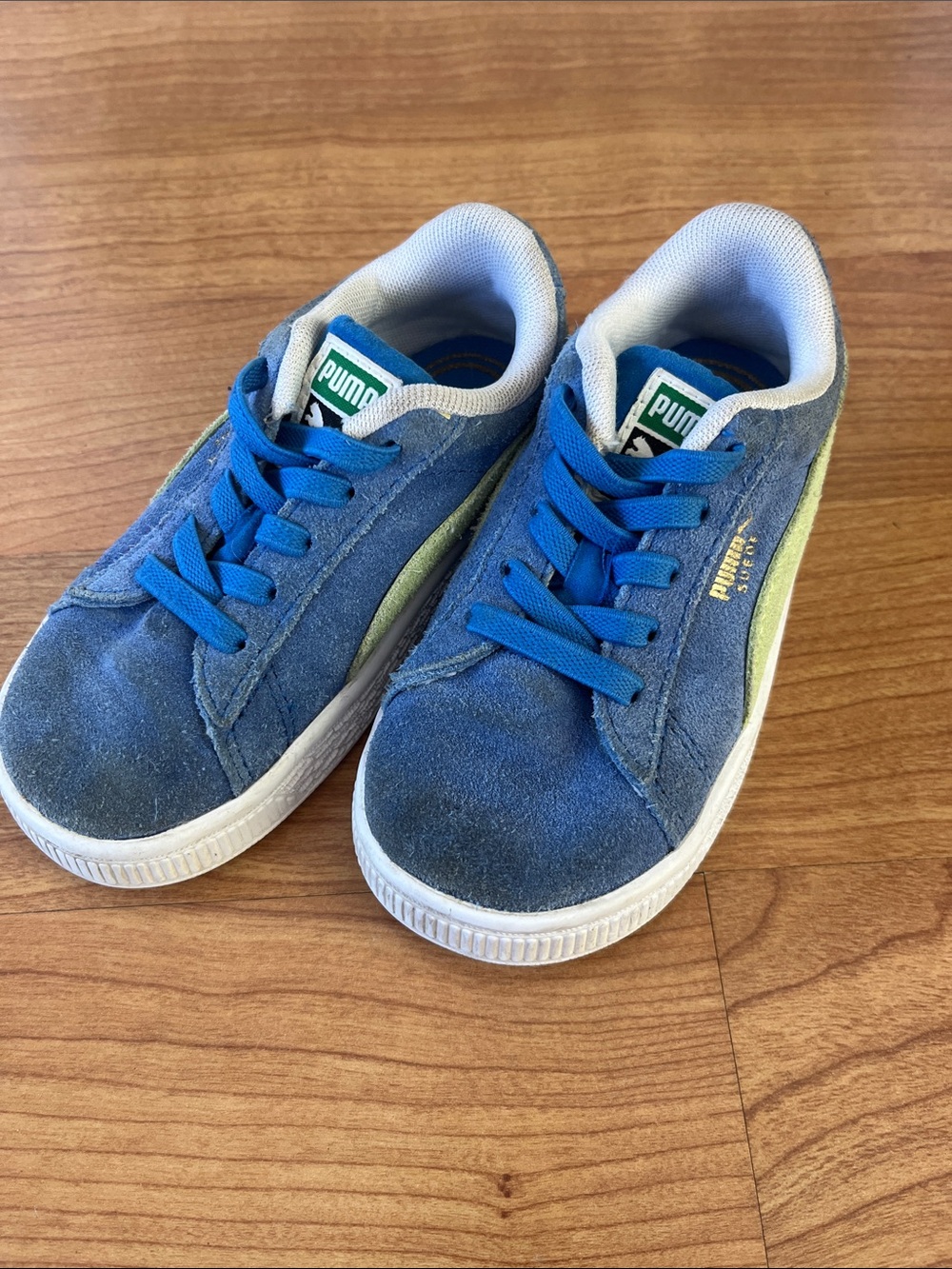 Puma Kids Blue Suede Sneakers with Lime Stripe